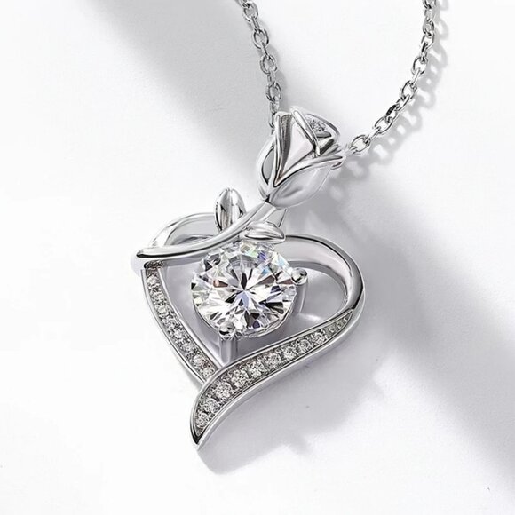 925 Sterling Silver Womens 1ct Diamond Rose Heart Pendant Necklace New Jewelry